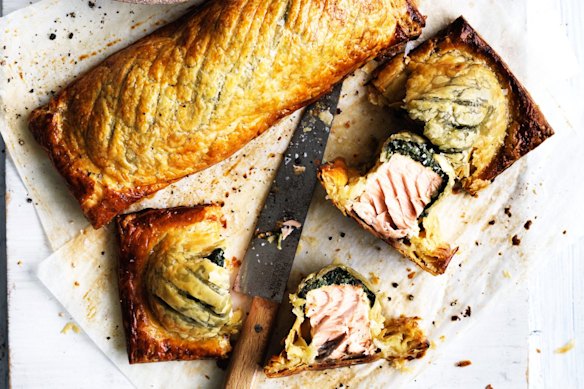 Salmon and creamed spinach en croute.
