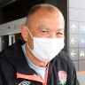 England rugby coach Eddie Jones arrives in Perth on Wednesday.