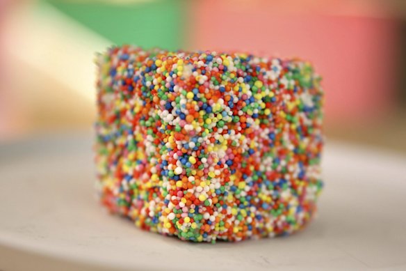 The fairy bread popcorn lamington from Tokyo Lamington in Haymarket, Sydney.
