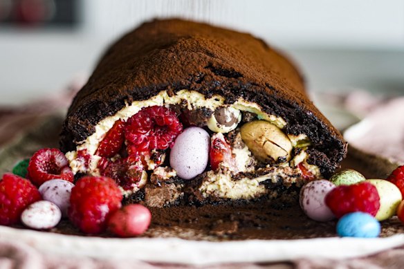 Chocolate meringue roulade, but make it Easter.