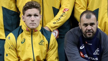 Wallabies captain Michael Hooper (left) was among the leadership group that reported the protocol breach to coach Michael Cheika (right).