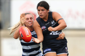 Carlton’s Madison Prespakis is challenged by Geelong’s Amy McDonald. The AFLW fixture has been changed.