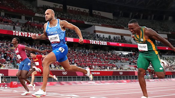 Italian Lamont Marcell Jacobs crosses the line first in the men’s 100m final at Olympic Stadium.