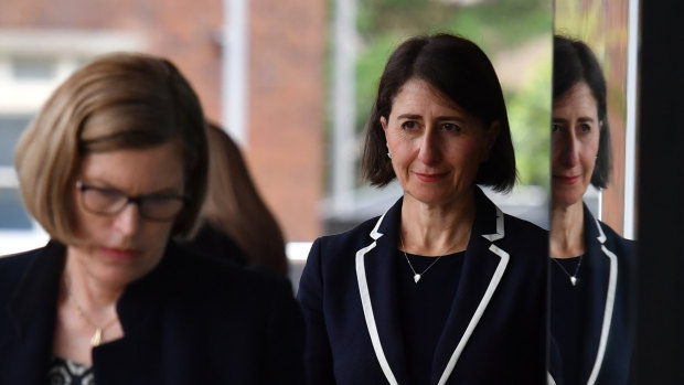 NSW Premier Gladys Berejiklian and Chief Health Officer Dr Kerry Chant arrive at Tuesday's press briefing. 