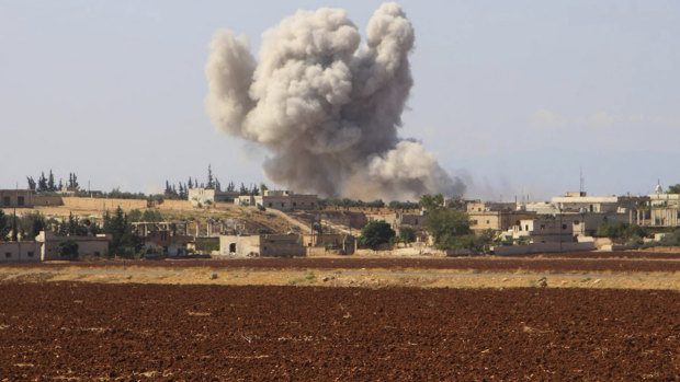 Smoke rising from a Syrian government airstrike near Idlib, Syria in 2018.