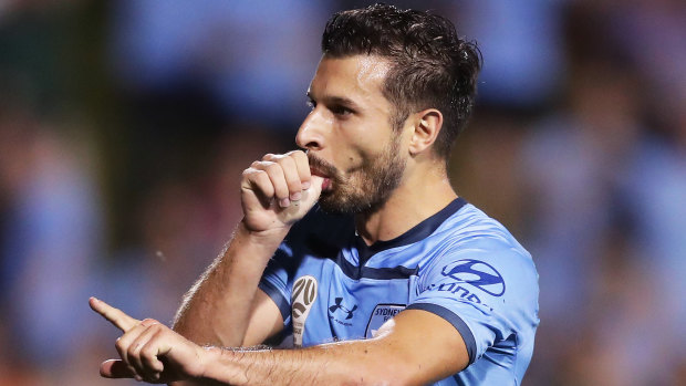 Sydney FC's Kosta Barbarouses produces one of the more unusual goal celebrations after his 65th-minute effort.