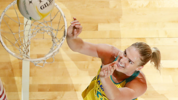 Faultless: Caitlin Bassett scores another goal during the Diamonds' Constellation Cup victory over New Zealand at the Townsville Entertainment Centre.
