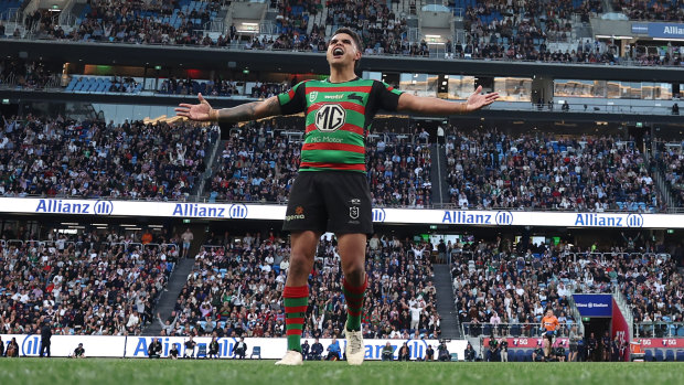 The showman: Latrell Mitchell after kicking a goal in Souths’ win over the Roosters in the first week of the 2022 finals.