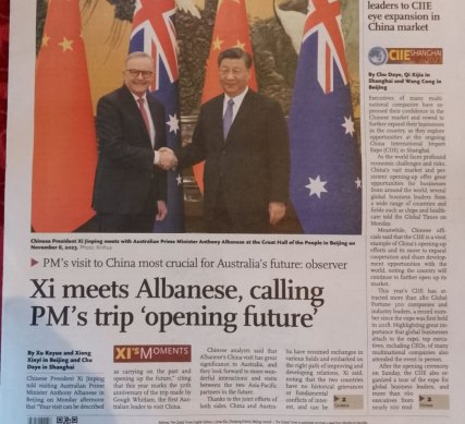 The front page of Chinese newspaper, the Global Times, features the meeting between Prime Minister Anthony Albanese and President Xi Jinping.