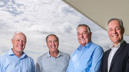 CEP Energy chairman Morris Iemma on the roof of Narellan Town Centre in Sydney with Brad Page of Narellan Town Centre and CEP Energy co-founders, Arnold Vitocco and Tony Perich.