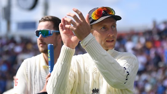 England captain Joe Root applauds the crowd after his team win the third Test against India at Headingley.