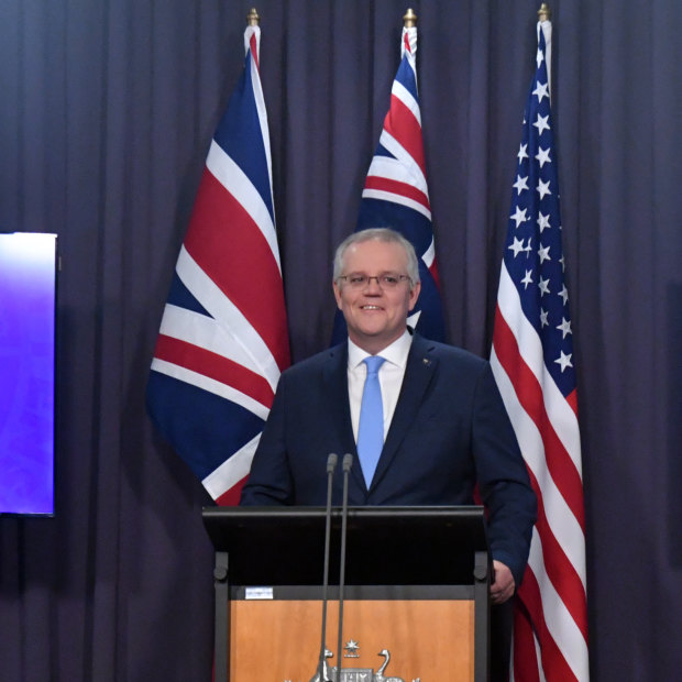 Scott Morrison at a virtual joint press conference unveiling AUKUS with British Prime Minister Boris Johnson and US President Joe Biden.