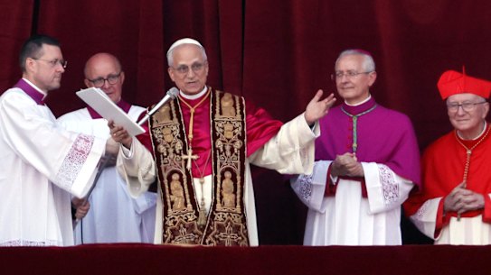 The newly elected pontiff, Pope Leo XIV, seen for the first time after his election.