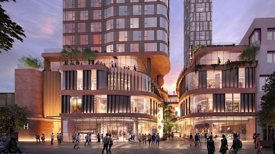 Artists’ impressions of the new plans for Carillon City in Perth’s CBD. Picture: Supplied/Fiveight