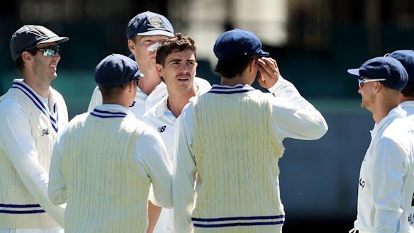 Sean Abbott celebrates a wicket on Wednesday morning.