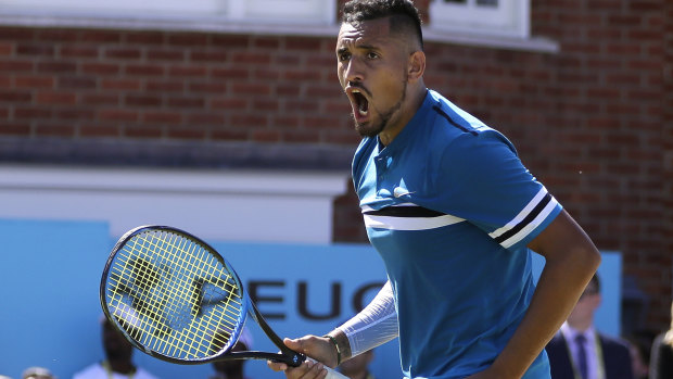 Overpowering: Nick Kyrgios celebrates winning his quarter-final against Feliciano Lopez at the Queen's Club in London.