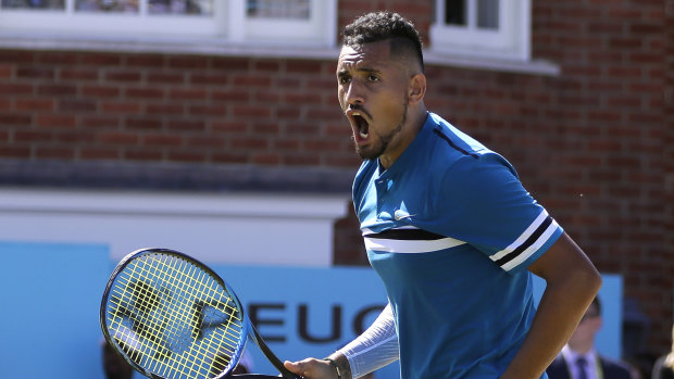 Overpowering: Nick Kyrgios celebrates winning his quarter-final against Feliciano Lopez at the Queen's Club in London.