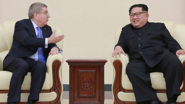 IOC president Thomas Bach gestures during a meeting with North Korean leader Kim Jong Un.