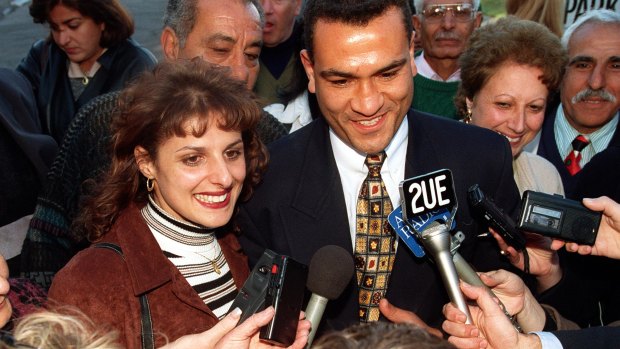 Said Morgan, leaves Darlinghurst Court in 1995 with his wife Laurice, and family and friends, after being found not guilty of the murder of a man he admitted shooting to death after learning the man had been charged with sexually assaulting three girls.