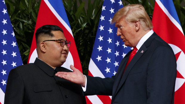 President Donald Trump meets with North Korean leader Kim Jong-un in Singapore.