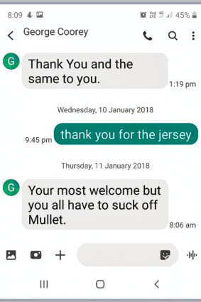 The crude text message sent by George Coorey in 2018.