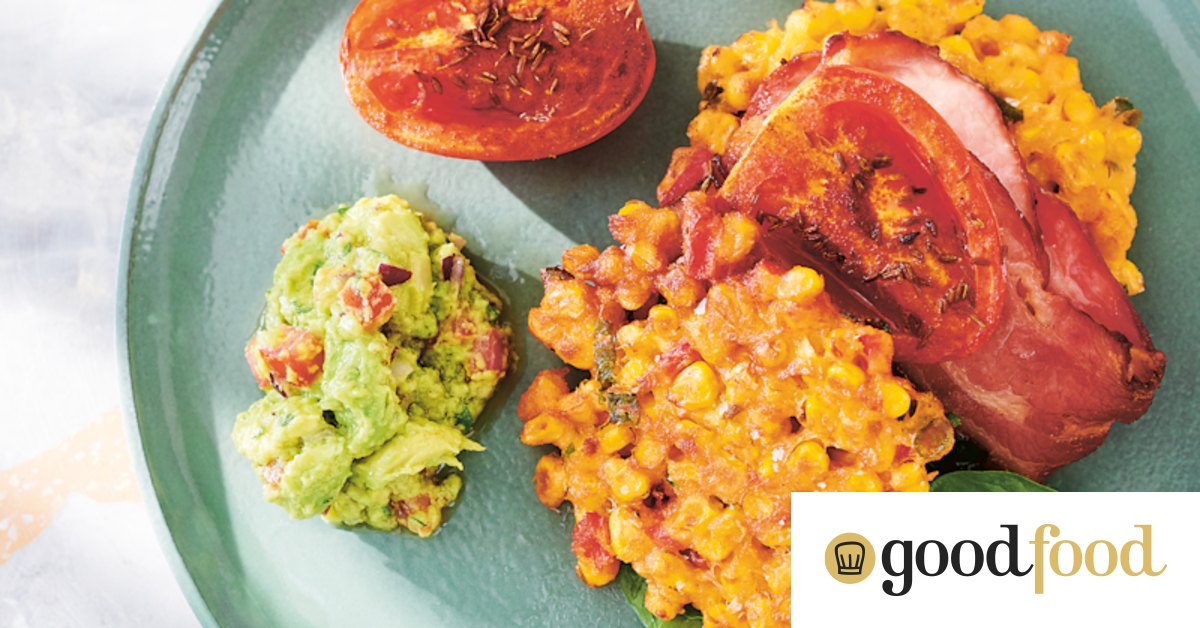 Bill Granger’s sweetcorn fritters recipe with roast tomatoes, bacon and avocado salsa