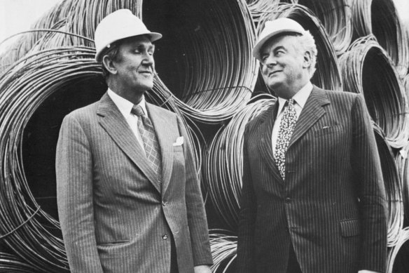 Prime Minister Malcolm Fraser and Gough Whitlam in 1976. The previous year, Fraser blocked supply in the senate to cause a deadlock, leading to Whitlam’s dismissal.