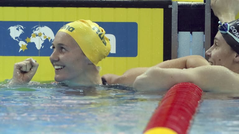 Record-breaker: Ariarne Titmus celebrates gold in the 200m at the World Short Course championships.