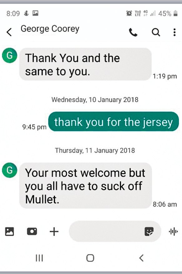 The crude text message sent by George Coorey in 2018.