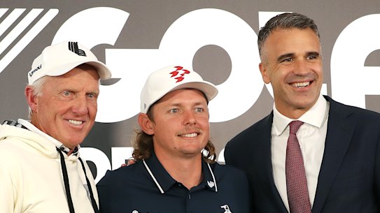 Greg Norman, Cameron Smith and South Australia premier Peter Malinauskas on Thursday.