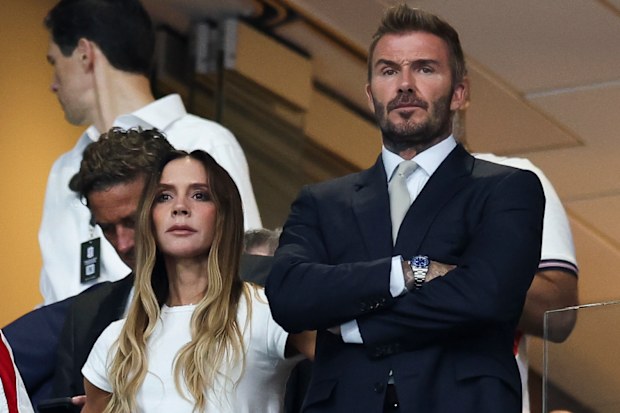 Victoria and David Beckham are seen during the FIFA World Cup 2026 Semi Final match between England and Argentina at Atlanta Stadium on July 15, 2026 in Atlanta, Georgia. 