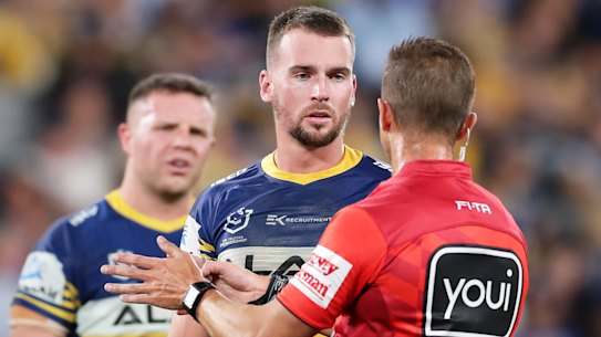 Eels captain Clint Gutherson launches an unsuccessful captain's challenge during round one in March.