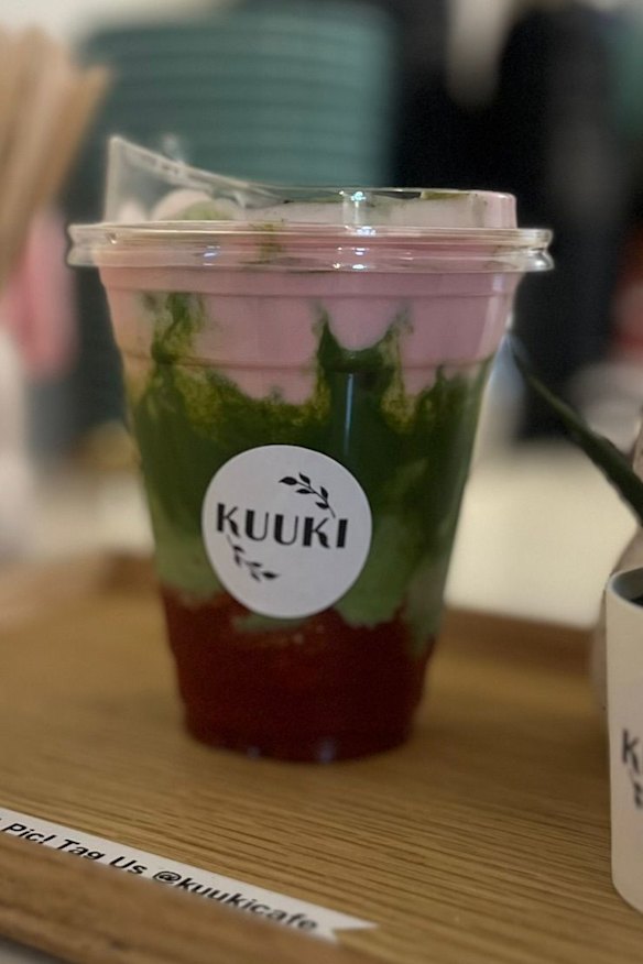Strawberry matcha with sakura pink foam.