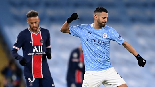 Riyad Mahrez celebrates victory over PSG.