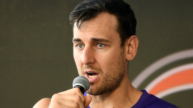 High-profile signing: Andrew Bogut addresses the media at the NBL season launch.