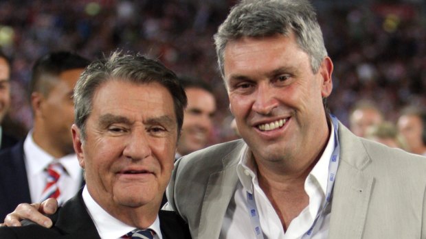 All smiles: Nick Politis and David Gyngell after the 2013 Grand Final.