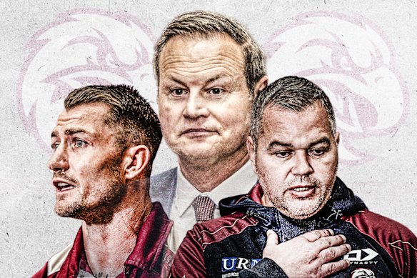Presidente viril Scott Penn (centro) com ex-técnicos Kieran Foran e Anthony Seibold.