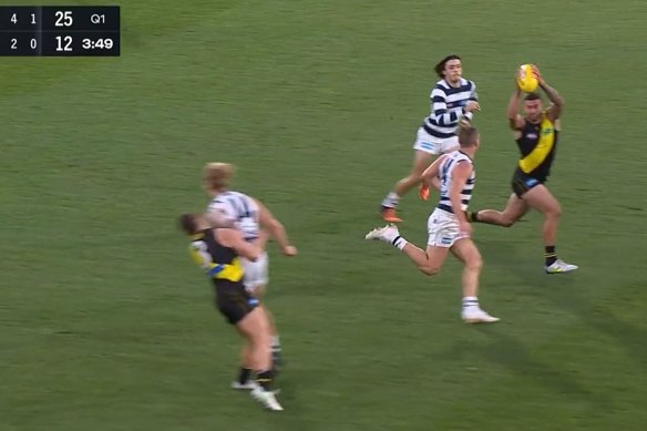 Geelong’s Tom Stewart has been sent to the tribunal after collecting Dion Prestia.