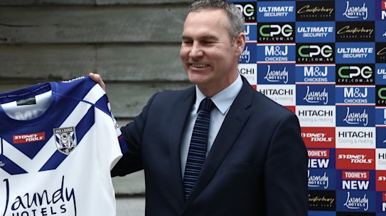 Arthur Laundy and Andrew Hill, CEO of the Canterbury-Bankstown Bulldogs, at the announcement of the Laundy Hotels sponsorship deal last July.
