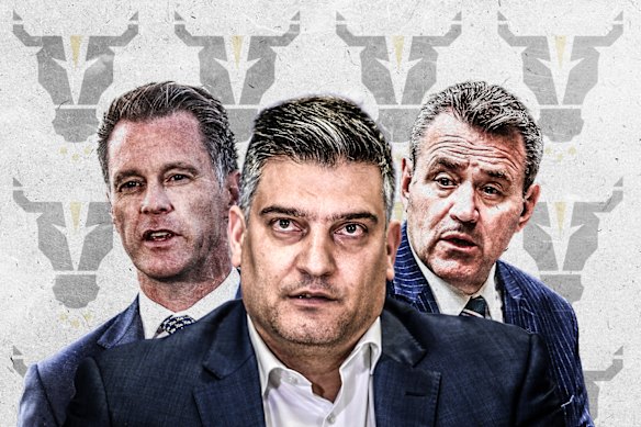 Chris Minns, Macarthur Bulls chairman Gino Marra and Sports Minister Steve Kamper.