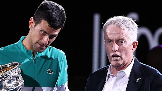 Novak Djokovic with Tennis Australia boss Craig Tiley at the Australian Open in February last year.