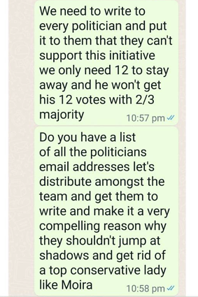 A Liberal member urging other members to back Moira Deeming in a private WhatsApp group.