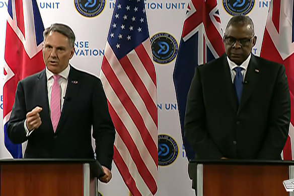 Defence Minister Richard Marles and US Defence Secretary Lloyd Austin  were joined by British Defence Secretary Grant Shapps to announce new exercises and technology sharing. 