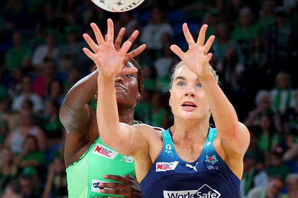 Kiera Austin in the Vixens’ round one Super Netball loss to West Coast.