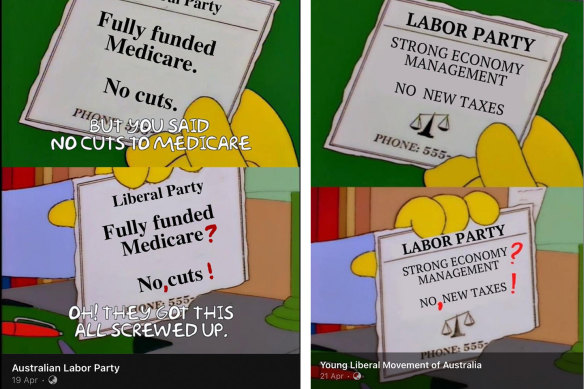 The ALP and Liberal parties posting the same joke format on Facebook at the Federal election.