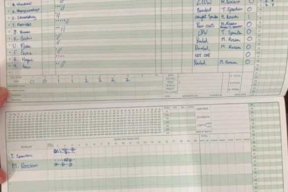 The scorecard for a club cricket match in which one side made 426 and bowled out their opponents for two runs.