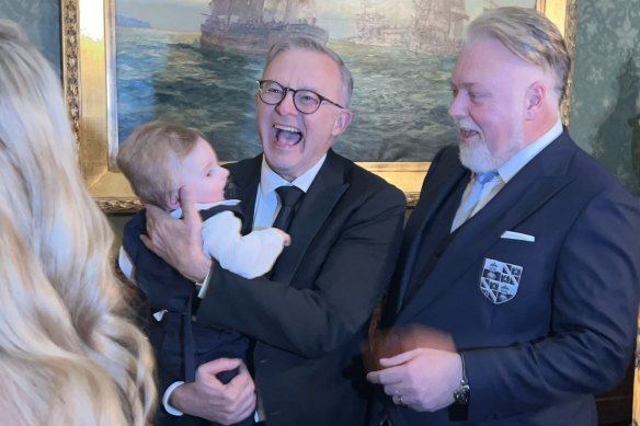 Prime Minister Anthony Albanese with Kyle Sandilands and his son at their wedding in Darling Point.