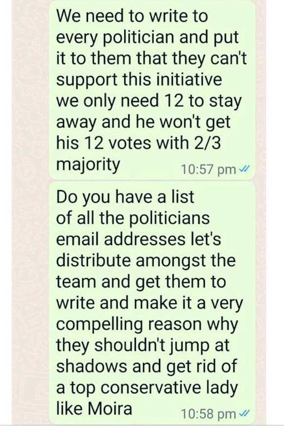 A Liberal member urging other members to back Moira Deeming in a private WhatsApp group.