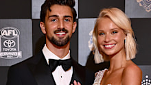 MELBOURNE, AUSTRALIA - SEPTEMBER 23: Josh Daicos of the Collingwood Magpies and partner Annalise Dalins arrive ahead of the 2024 Brownlow Medal at Crown Palladium on September 23, 2024 in Melbourne, Australia. (Photo by Quinn Rooney/Getty Images)