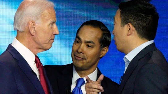 Democratic presidential candidates Joe Biden, Julian Castro and Andrew Yang.